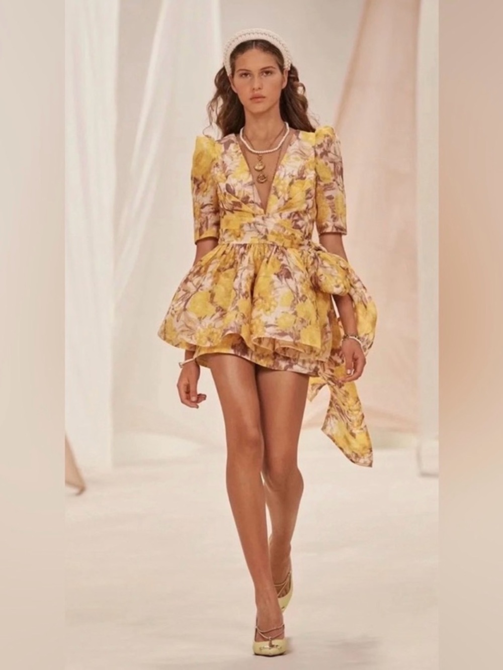Yellow Floral V-Neck Puff Sleeve Mini Dress- Lookalike Zimmerman design dress